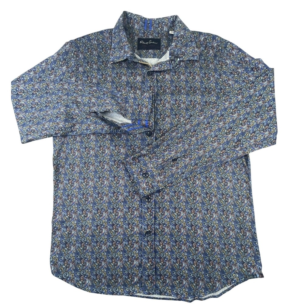 Robert Graham Shirt Mens L Blue Swirl Paisley Modern Americana Tailored Fit Long
